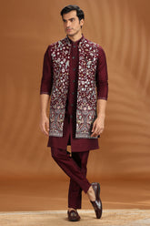 Wine Purple Silk Floral Embroidered Jacket Kurta Set